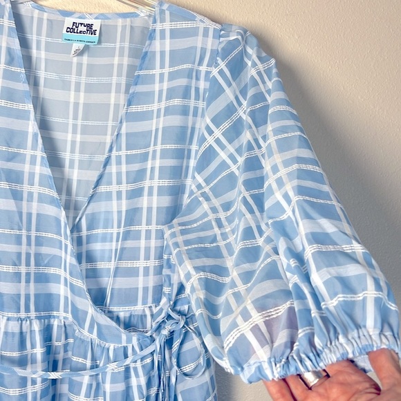 FUTURE COLLECTIVE Plaid Gingham SemiSheer Wrap Top Puff Sleeve L Waist Ties Blue - Picture 15 of 17